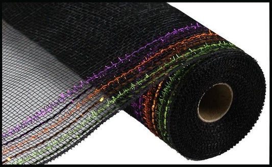 RY850676  10.25" x 10yd Tinsel/Foil Wide Border Mesh Blk/Orange/Prpl/Lime