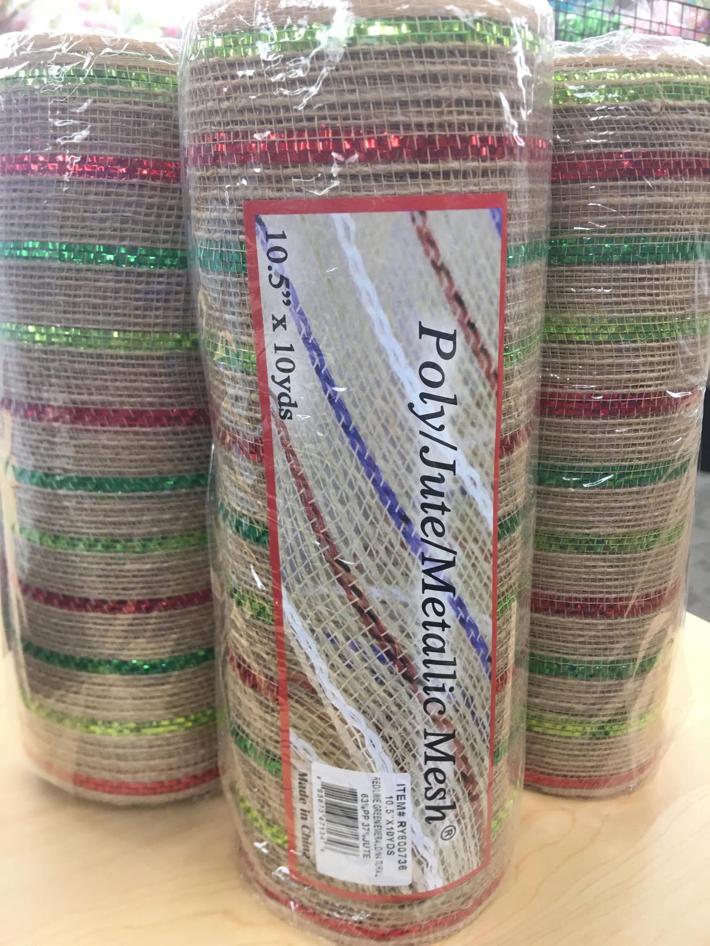 RY700836 10.5x10yd Poly/Jute/Metallic Mesh Red/Lime/Emerald/Natural