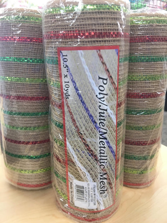 RY700836 10.5x10yd Poly/Jute/Metallic Mesh Red/Lime/Emerald/Natural