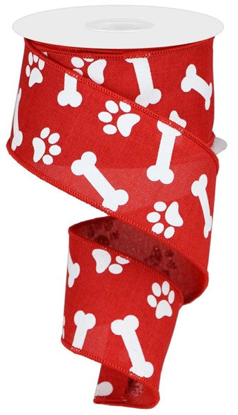 RGA115424   2.5" x 10yd Paw Print/Bones On Royal    Red/White