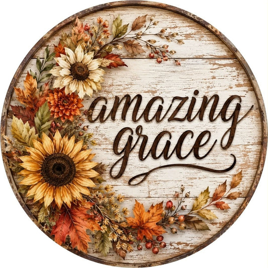CUS2569-L    18" Round MDF Amazing Grace Fall Flowers Sign W/Rope