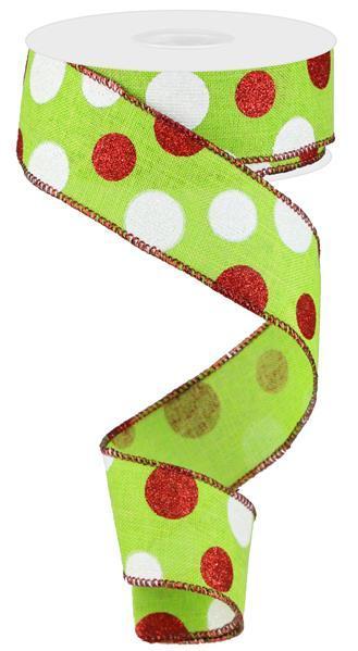 RG0178333 1.5"X10YD Three Sized Glitter Dot/Royal   Lime Green/Red/White