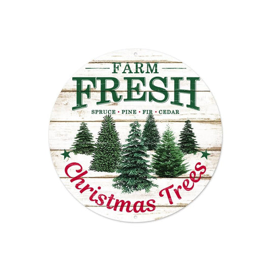MD0929  8" Farm Fresh Christmas Trees Metal Sign – Green/Red – Holiday Wreath & Wall Décor