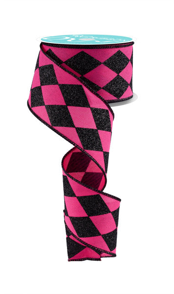 RGF149107 2" x 10yd Glitter Harlequin Check Fuchsia/Black