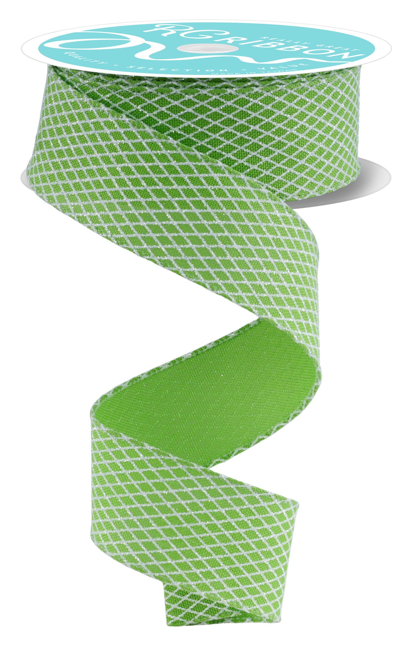 RGF1695LT  1.5" x 10yd Mini Harlequin Ribbon – Fresh Green/White – Wired Ribbon