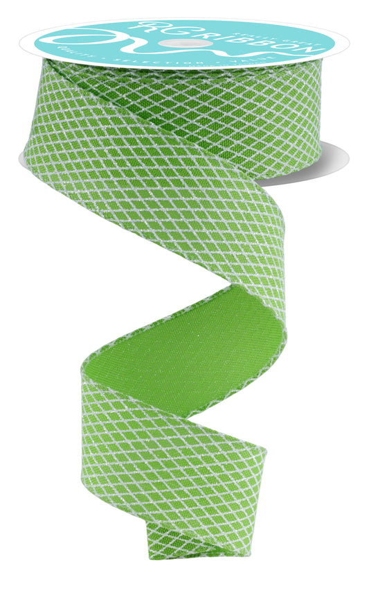 RGF1695LT  1.5" x 10yd Mini Harlequin Ribbon – Fresh Green/White – Wired Ribbon