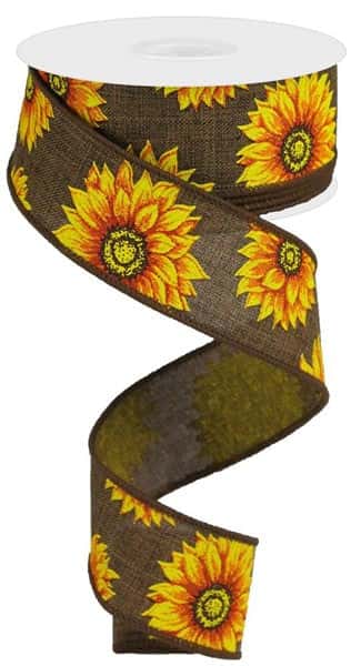 RG0187204  1.5" x 10yd Multi Sunflowers/Royal Burlap Brown/Ylw/Orng/Rust/Brn