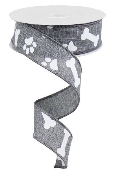 RGA115010 1.5"X10 YD Paw Print/Bones on Royal Grey/White
