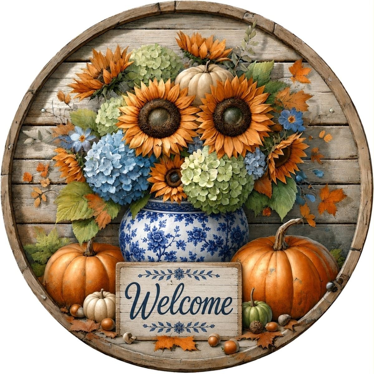 CUS2574-L    18" Round MDF Welcome Floral Blue Willow Sign W/Rope