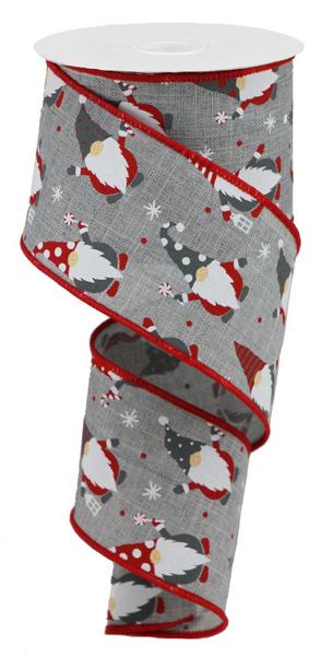 RGB107210  2.5" x 10yd Christmas Gnomes On Royal Lt Grey/Red/White