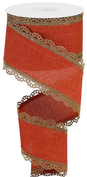 RGA15426X  2.5" x 10yd Lace Edge Royal Burlap Tan/Rust