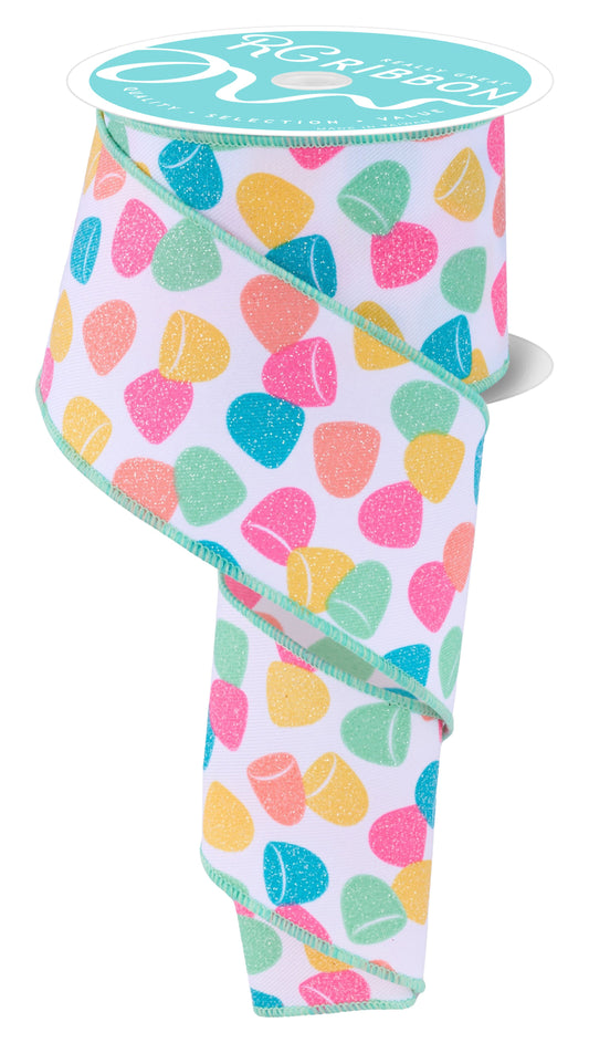 RGF1631AK  2.5" x 10yd Gumdrops Ribbon – White/Pastel – Wired Ribbon