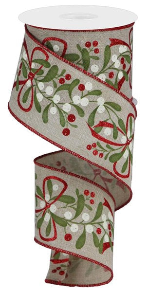 RGA1700NF 2.5"X10yd Mistletoe with Bow on Royal Lt Nat/Moss/Ivory/Red