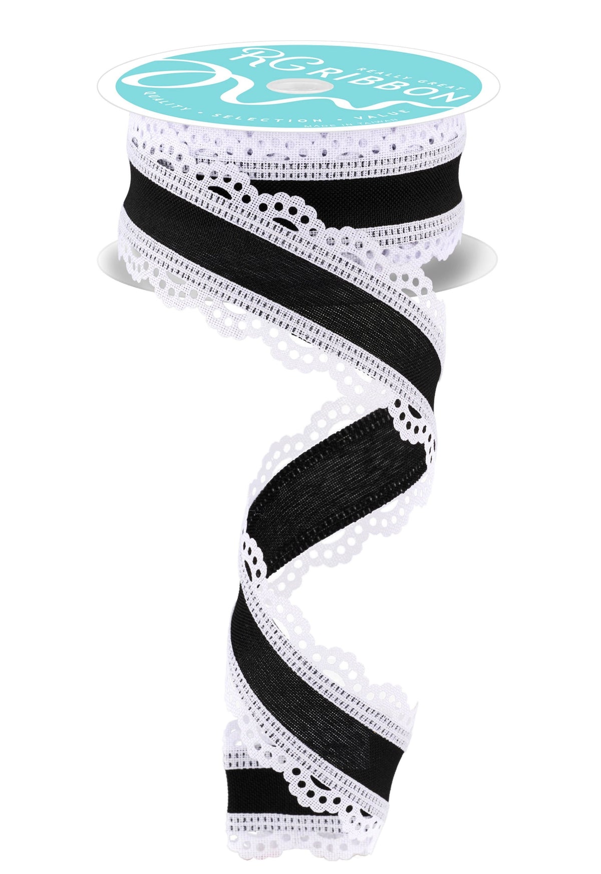 RGA154102       1.5" x 10yd Lace Edge Faux Burlap    White/Black