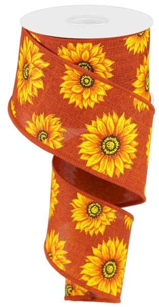 RG0187358  2.5" x 10yd Multi Sunflowers/Royal Burlap Rust/Ylw/Orng/Rust/Brn
