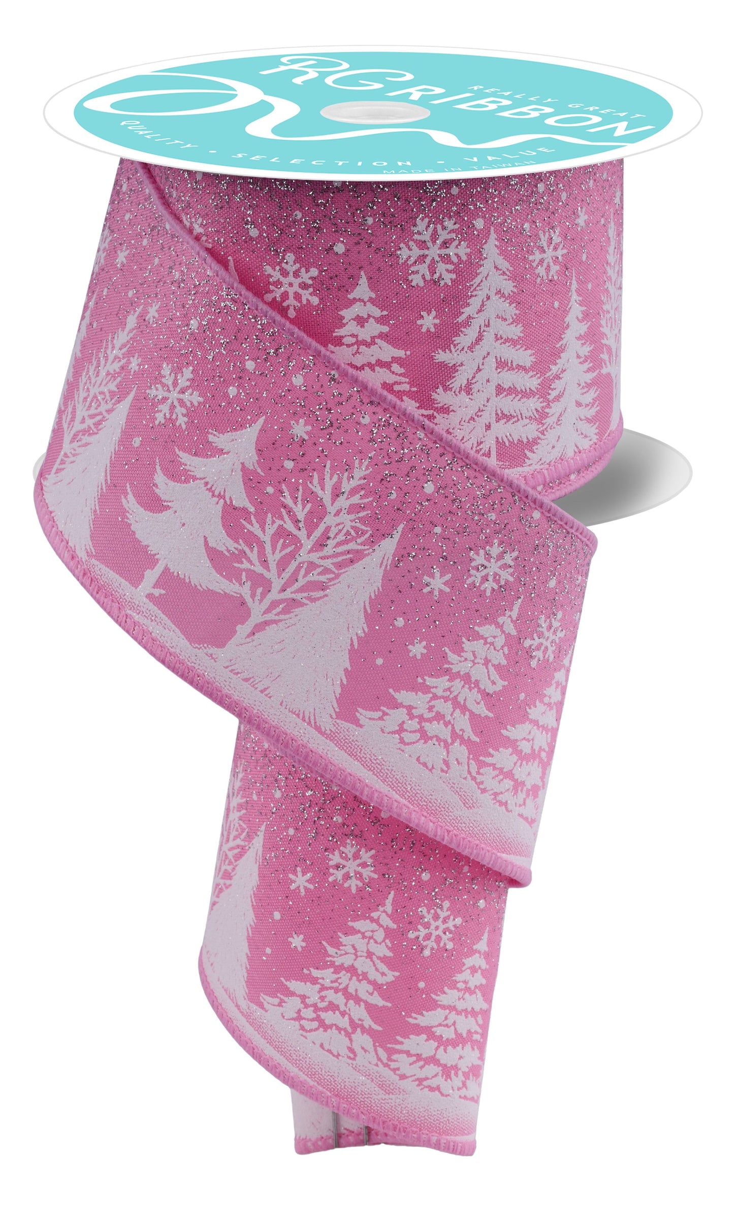 2.5" x 10yd Snowflake & Christmas Tree Ribbon – Pink/Silver – Glitter Wired Holiday Ribbon RGF1784WT