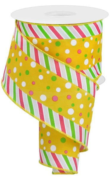 RGE107829  2.5" x 10yd Multi Polka Dot/Multi Stripe Yellow/Wht/Spring Grn/Pnk