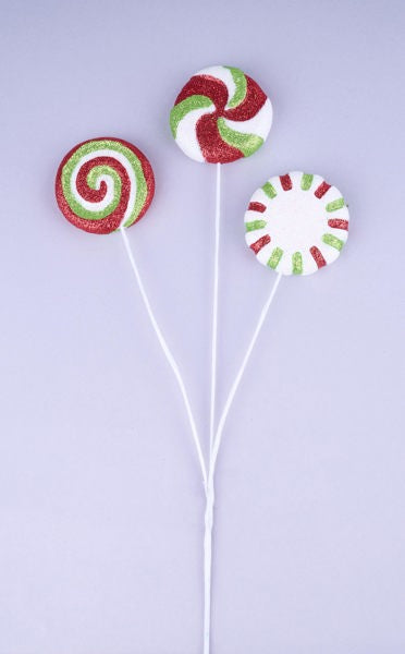 XC115792  16"L Glitter Peppermint Candy Pick x 3 Red/White/Lime Green