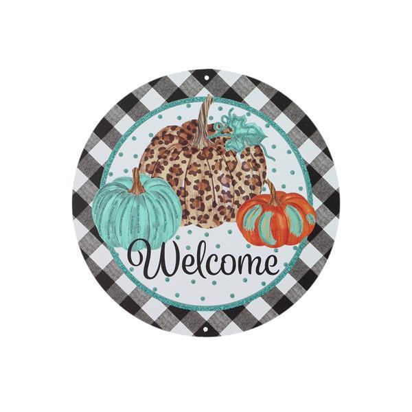 MD0946    8"Dia Welcome W/Pumpkins/Glitter Sign   Brwn/Tan/Teal/Blk/Wht
