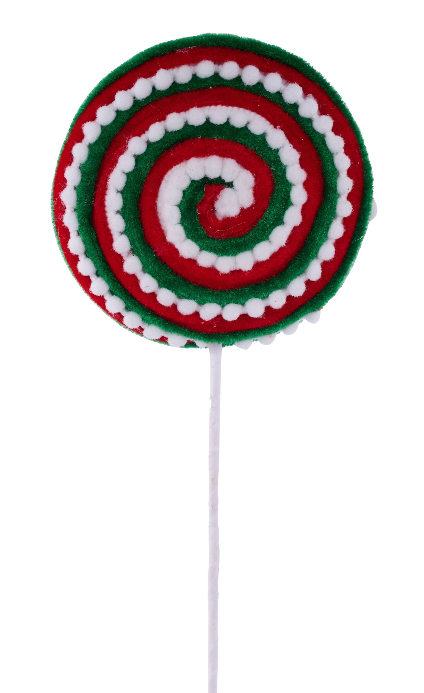 XC120036      15.25"L Velvet/Snowball/Striped Lollipop    Red/White/Emerald Green