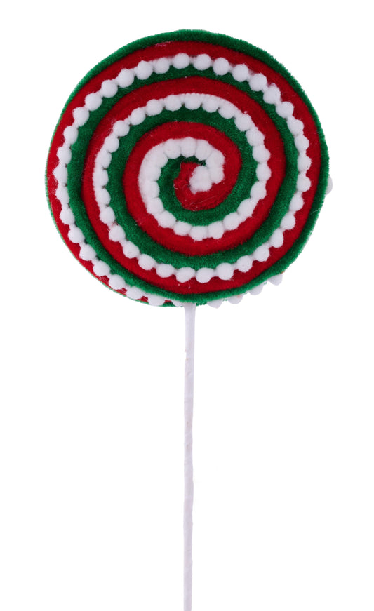 XC120036      15.25"L Velvet/Snowball/Striped Lollipop    Red/White/Emerald Green