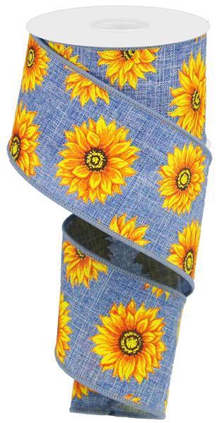 RG01873CT    2.5" x 10yd Multi Sunflowers/Royal Burlap    Denim/Ylw/Orng/Rust/Brn