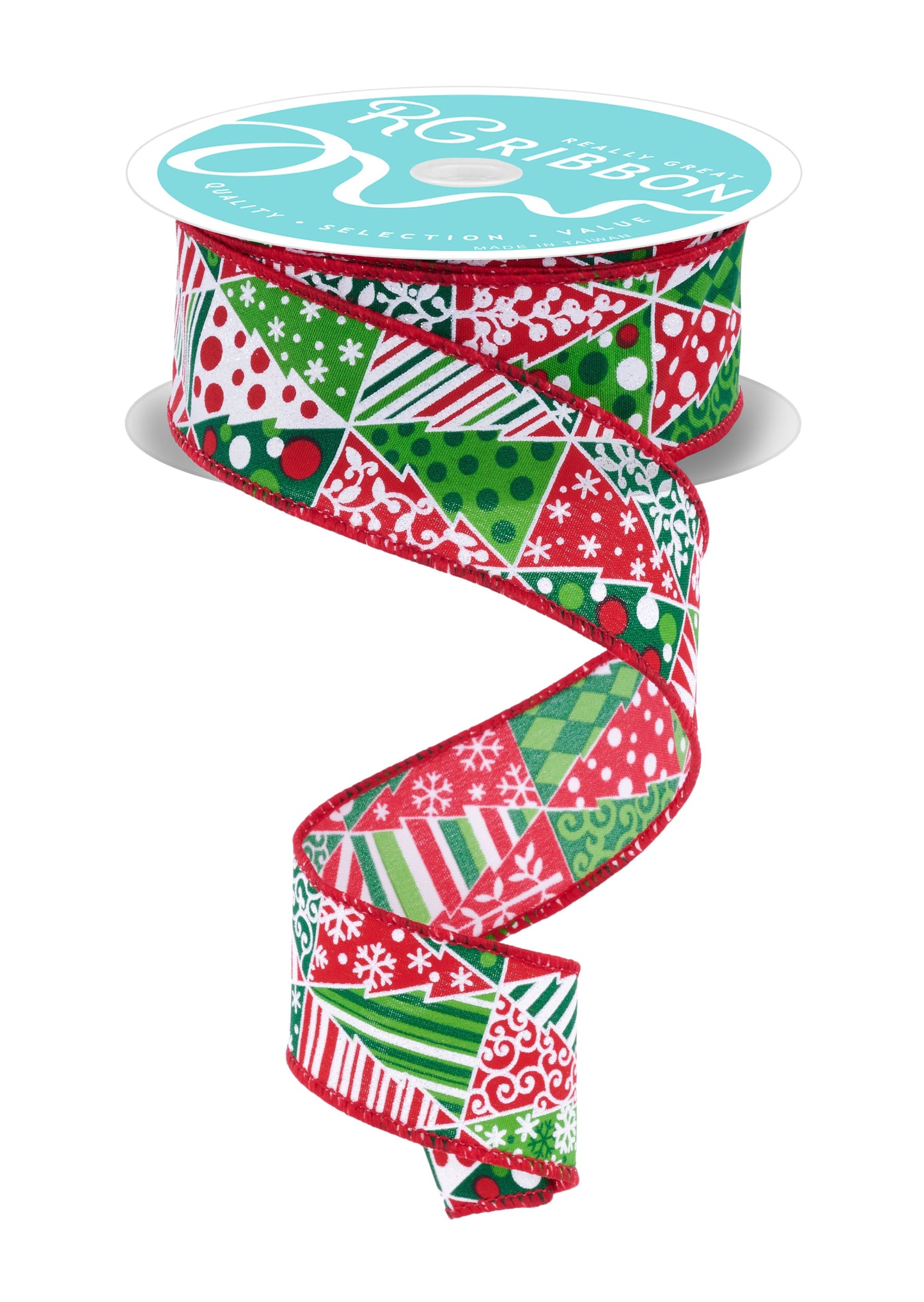 RGF177167 1.5" x 10yd Patchwork Christmas Tree Ribbon – White/Red/Green – Wired Holiday Ribbon