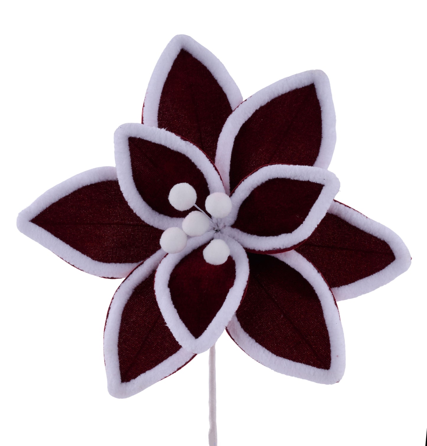 XS416347    8"L x 8"Dia Velvet Poinsettia Pick   Burgundy/White