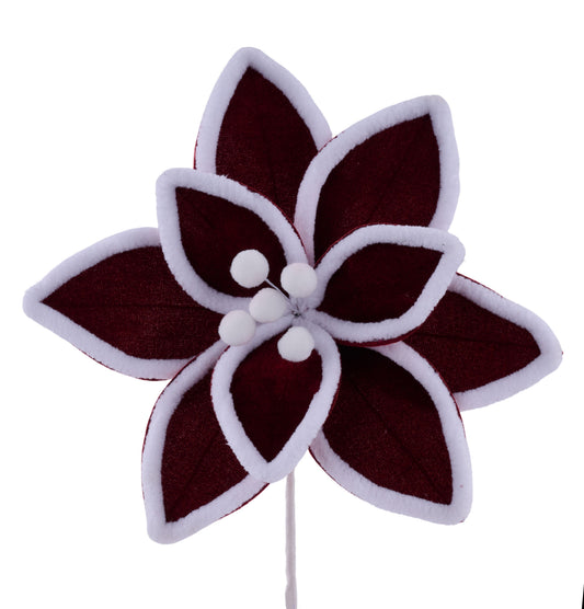 XS416347    8"L x 8"Dia Velvet Poinsettia Pick   Burgundy/White