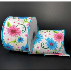 RJ18640-45    2.5" X 10YD WIRED SATIN DAISES RIBBON    Blue/White/Pin