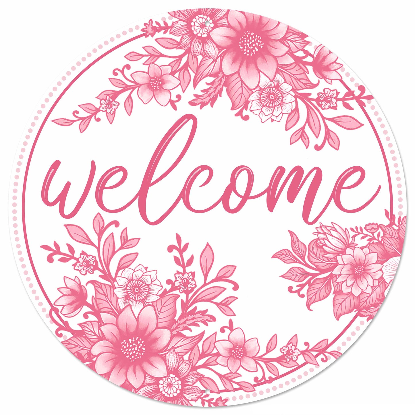 MD173622  12"Dia Metal Chinoiserie Welcome Sign White/Pink