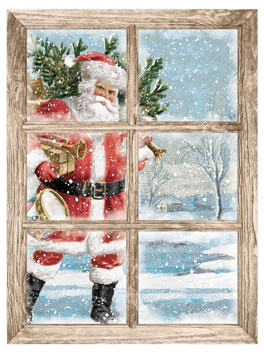 MD1490  19"H x 14.25"L Vintage Santa Window Sign – White/Red/Light Blue