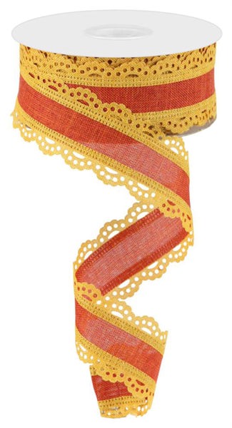 RGA1541F4   1.5"X10YD    Lace Edge Royal Burlap   Dark Mustard/Rust