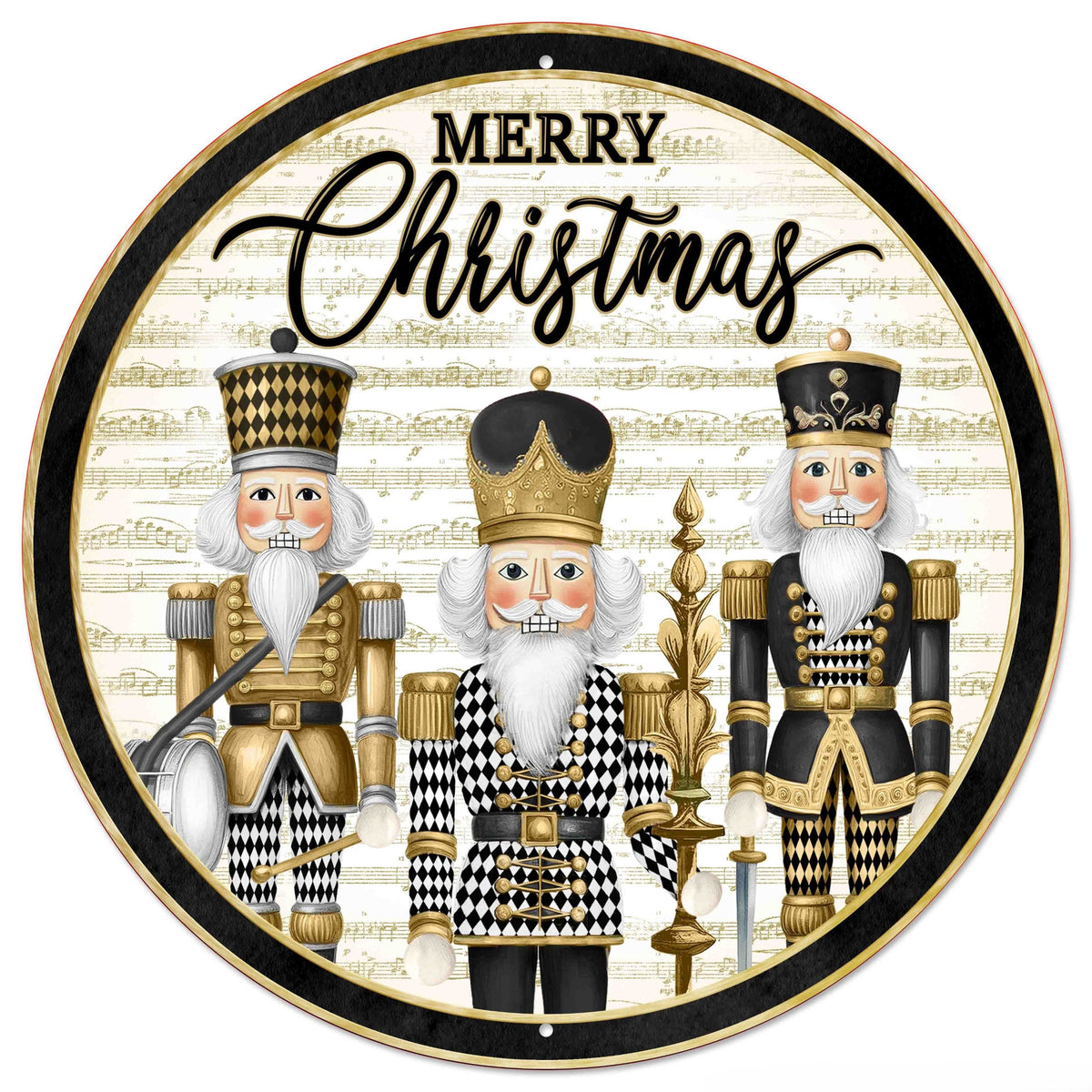 MD177527   12"Dia Harlequin Nutcrackers Sign    Wht/Blck/Gold/Beige