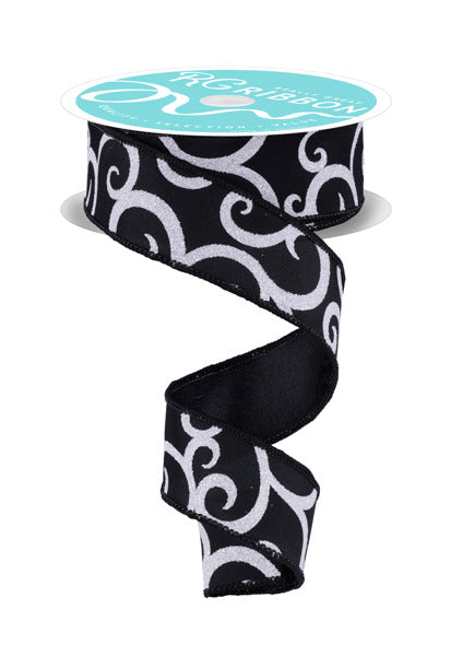 RGF179802  1.5" x 10yd Glitter Swirl/Satin Black/Silver
