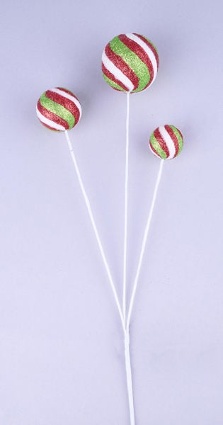 XP384892  15"L Glitter Ball W/Stripes Pick x 3 Red/White/Lime Green