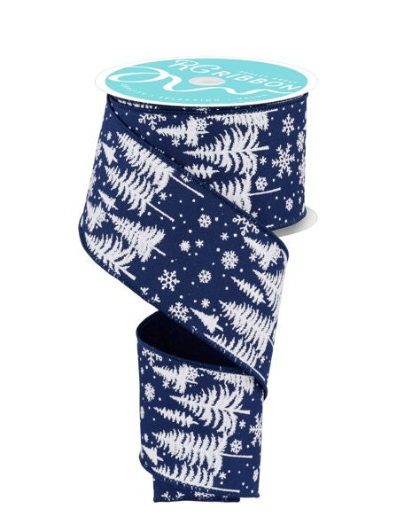 RGF123419  2.5" x 10yd Pine Trees/Snowflakes Navy Blue/White
