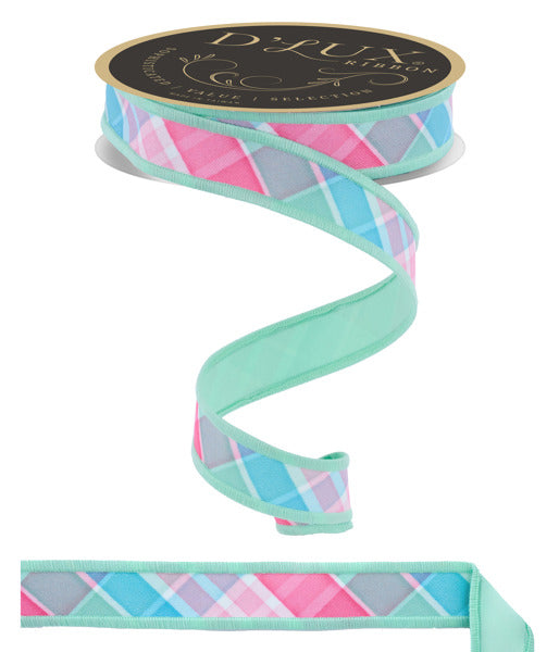 LX1109YR  7/8" x 10yd Bold Plaid/Fused Lt Teal/Pink/Mint