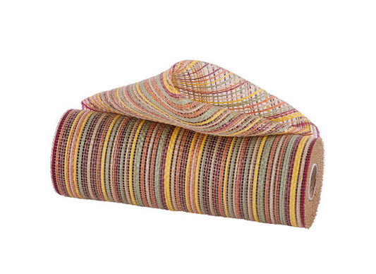 RE1369YJ   10" x 10yd Vertical Multicolor Stripe Mesh   Org/Sage/Burg/Ylw/Tan/Crm