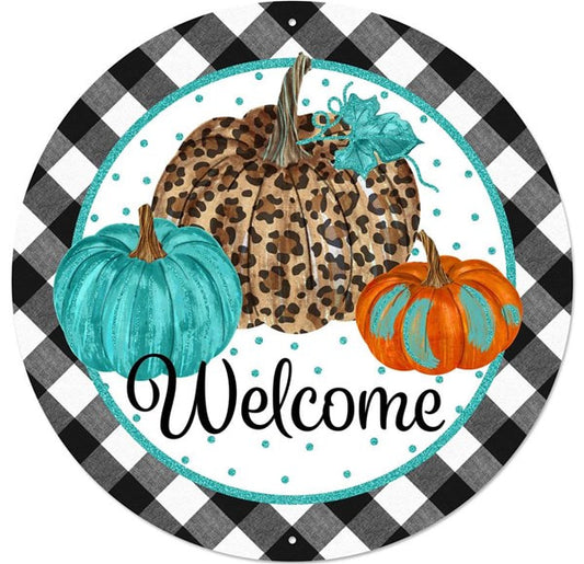MD0806 12"Dia Metal/Glttr Welcome/Pumpkins Sign   Brown/Tan/Teal/Blk/White