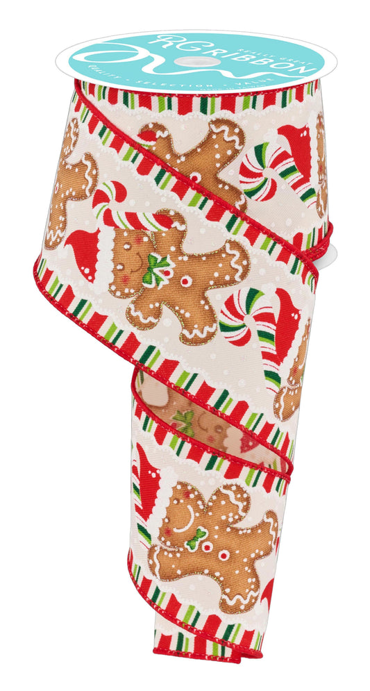 RGF123030  2.5" x 10yd Gingerbread Ribbon with Santa Hat – Ivory/Red/Brown/Green – Wired Ribbon