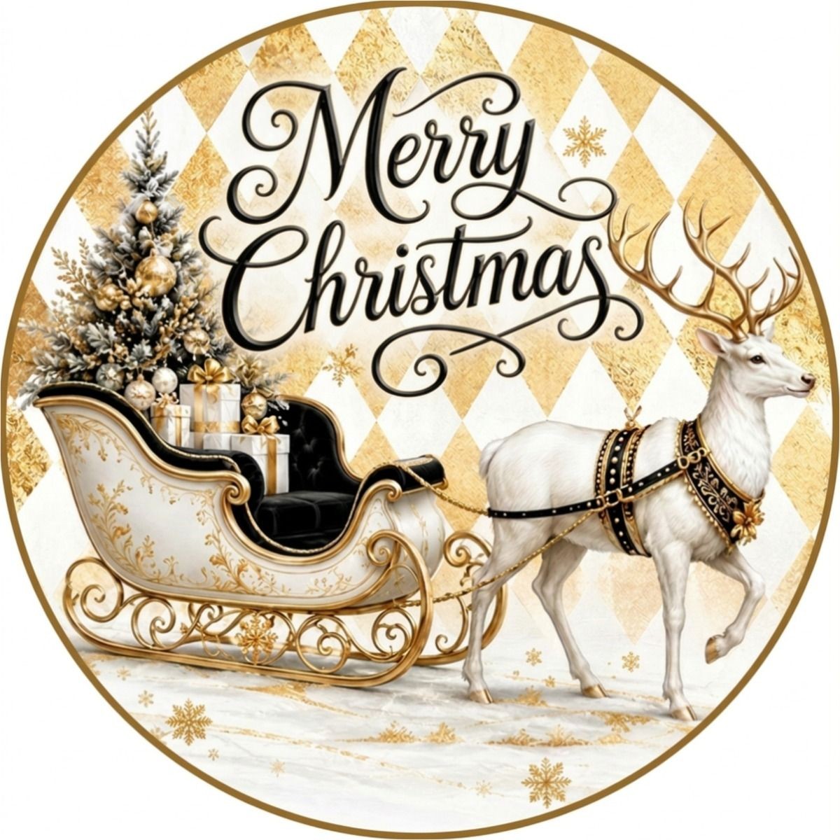 CUS2581L     18" Round MDF Merry Christmas Sleigh/Deer/Tree Gold-Cream Sign