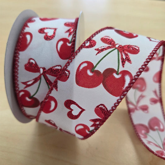 126040912   1.5"X10YDS   STN  Heart Cherries With A Bow    White