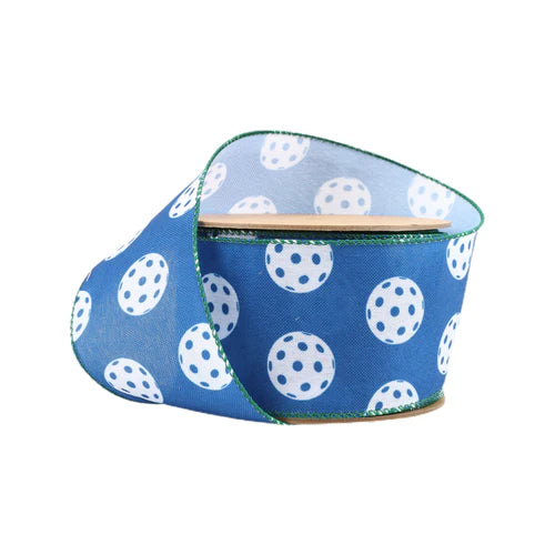 4433W63063E- 2.5 x 10 Yd - Wired Ribbon Pickleballs on Blue Background with Green Trim