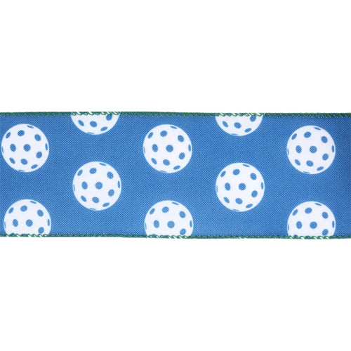 4433W63063E- 2.5 x 10 Yd - Wired Ribbon Pickleballs on Blue Background with Green Trim