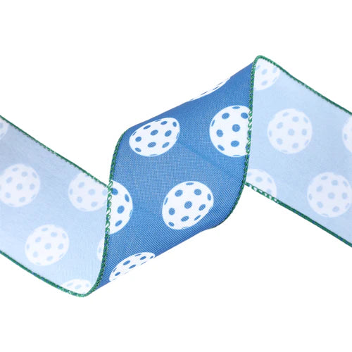 4433W63063E- 2.5 x 10 Yd - Wired Ribbon Pickleballs on Blue Background with Green Trim