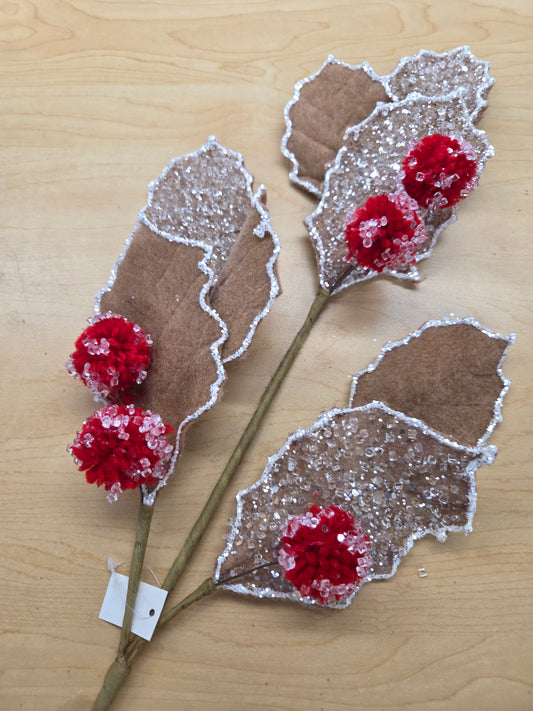 XS0973   27"L Holly Leaf/Berry Spray    Brown/Red/White