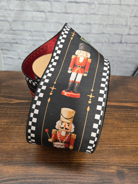 9809W-030-100E     4" Wired Dupioni Ribbon | Black/White Check Nutcracker on Black w/ Red Backing | 10 Yard Roll
