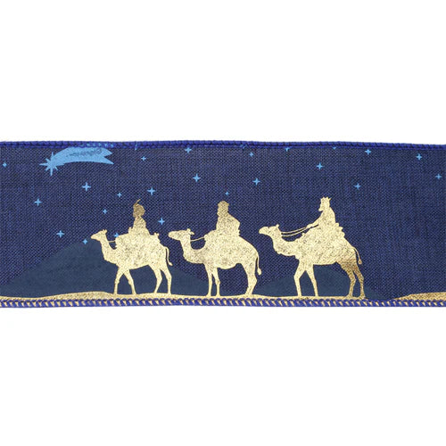 7303W37063E 2.5 x 10Yds-Faux Linen Wired Ribbon | Blue w/ Gold Print Three Wise Men